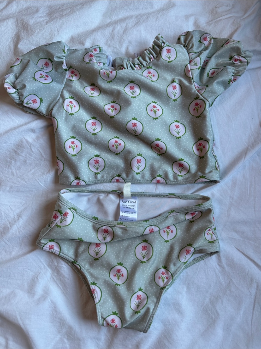 H&M Sage Green Two-Piece Swim Set with Pink Floral Motif